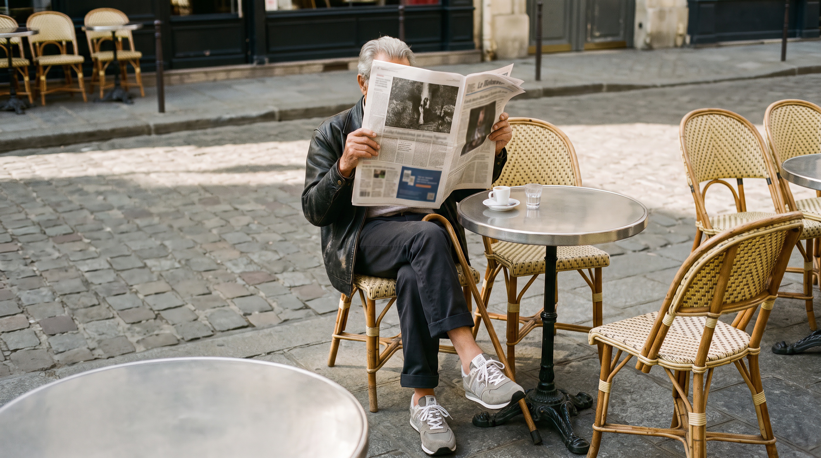 Stylish older man at a Parisian café, newspaper hiding his face, New Balance 574 under the table